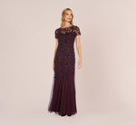 Hand Beaded Short Sleeve Floral Godet Gown In Night Plum 7