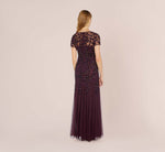 Hand Beaded Short Sleeve Floral Godet Gown In Night Plum 6