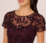 Hand Beaded Short Sleeve Floral Godet Gown In Night Plum 5