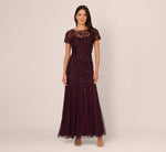 Hand Beaded Short Sleeve Floral Godet Gown In Night Plum 2