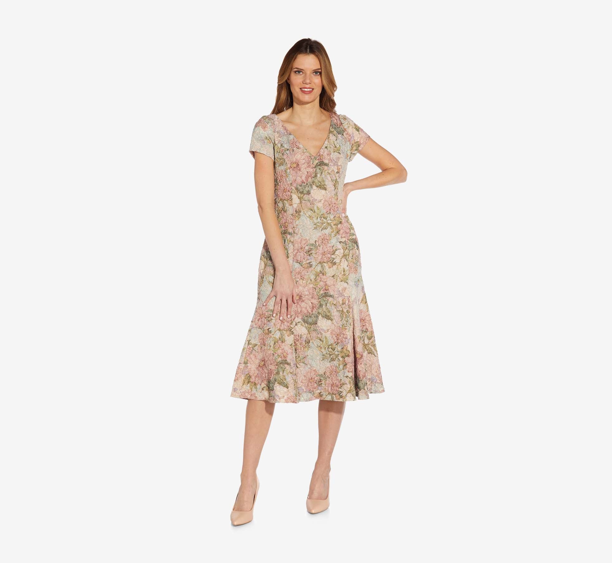 Floral Matelasse Midi Cocktail Dress In Rose Multi 1
