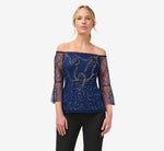 Hand-Beaded Illusion Off-The-Shoulder Top In Light Navy 1