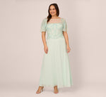Plus Size Hand-Beaded Illusion Long Gown With Flutter Sleeves In Mint Glass 2