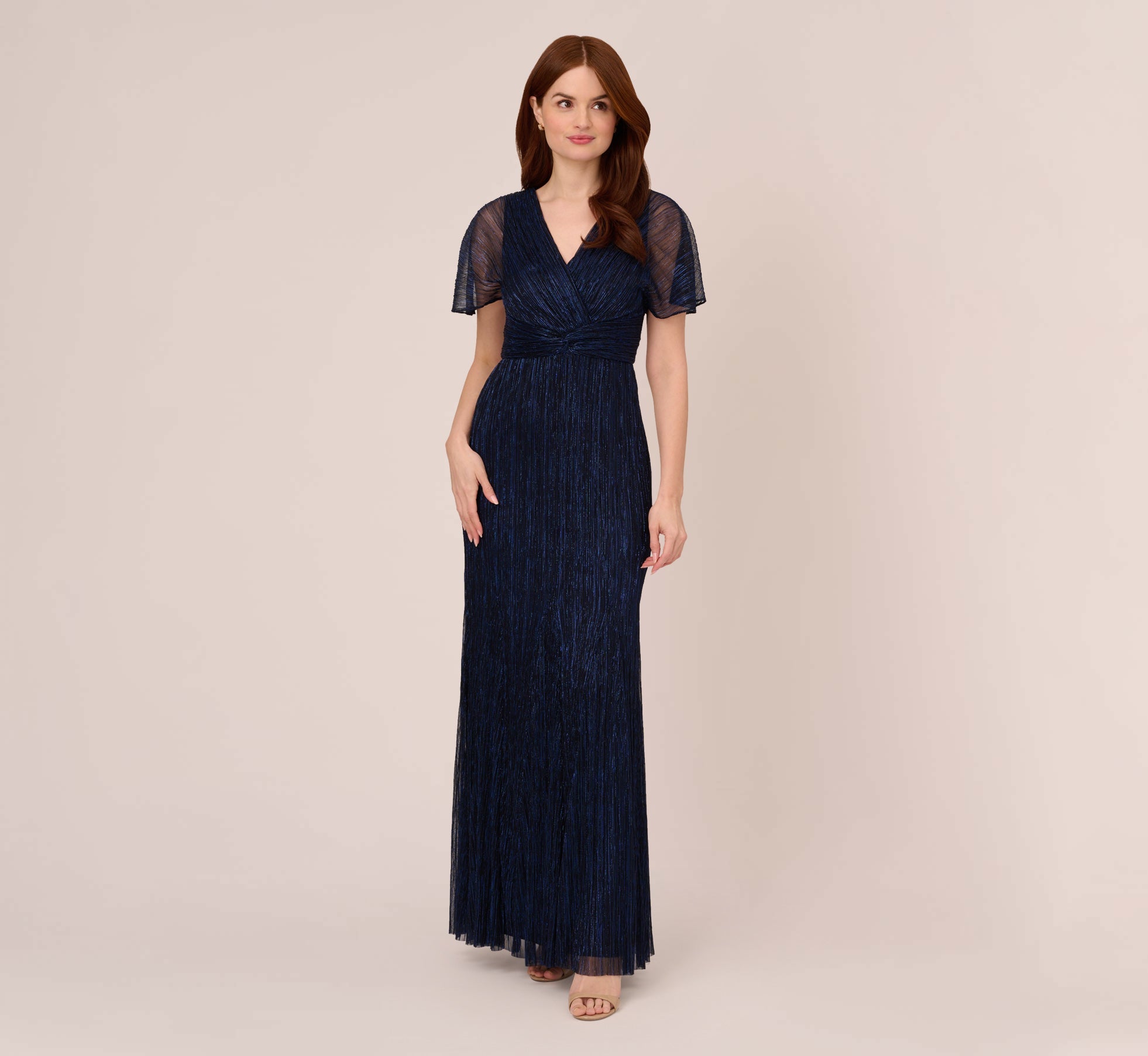 Crinkled Metallic Mesh Long Gown In Navy Night 1
