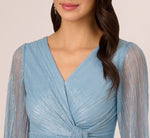 Metallic Crinkled Mesh Draped Long Gown In Belize Blue 3