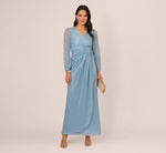 Metallic Crinkled Mesh Draped Long Gown In Belize Blue 1