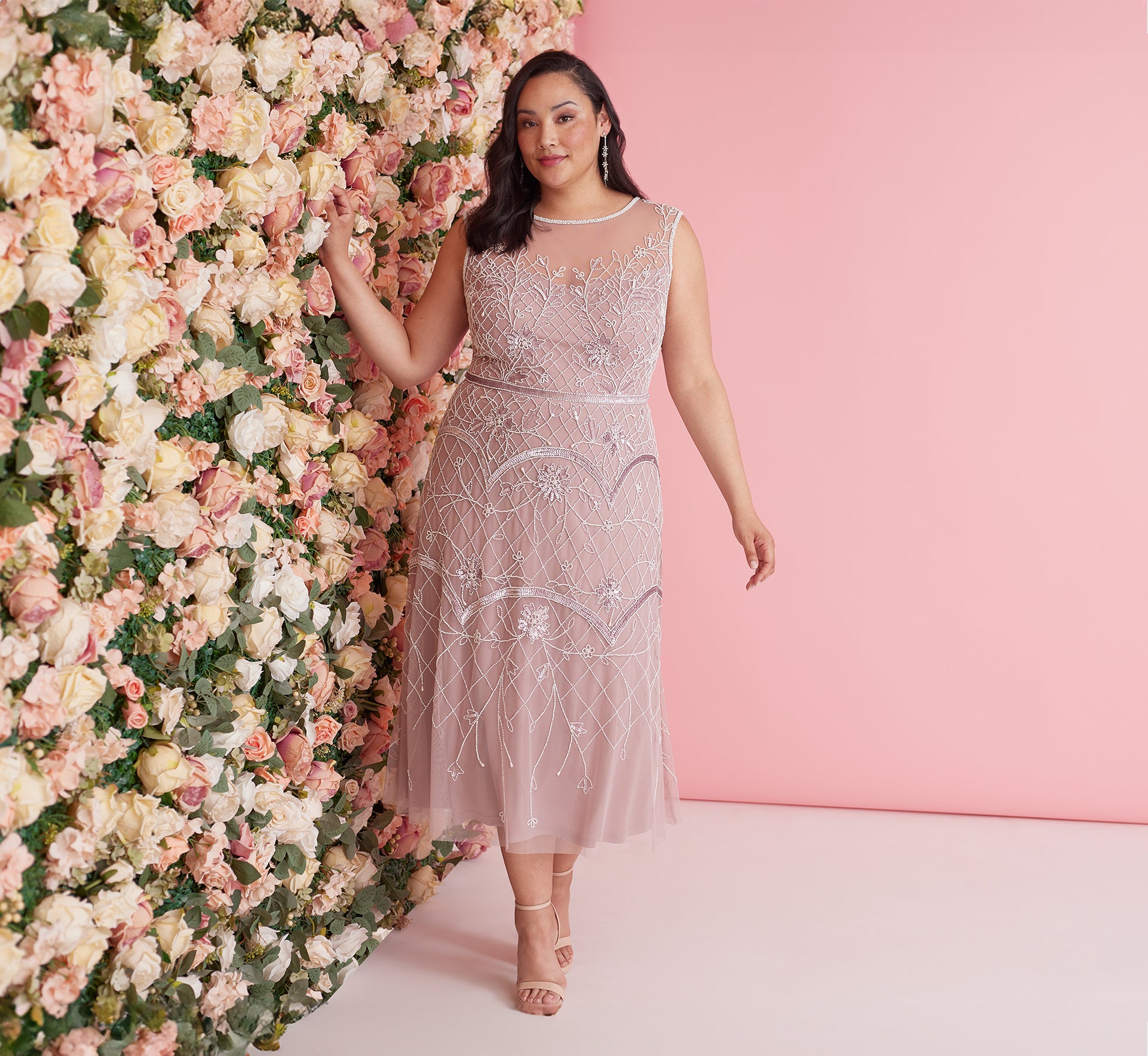 Plus Size Beaded Ankle-Length Dress With Sheer Neckline In Dusted Petal Ivory 1