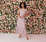 Beaded Ankle-Length Dress With Sheer Neckline In Dusted Petal Ivory 1