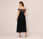 Off The Shoulder Ankle-Length Beaded Dress With Sequin Rosettes In Navy Rosegold 5