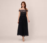 Off The Shoulder Ankle-Length Beaded Dress With Sequin Rosettes In Navy Rosegold 2