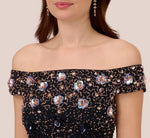 Off The Shoulder Ankle-Length Beaded Dress With Sequin Rosettes In Navy Rosegold 3