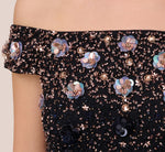 Off The Shoulder Ankle-Length Beaded Dress With Sequin Rosettes In Navy Rosegold 4