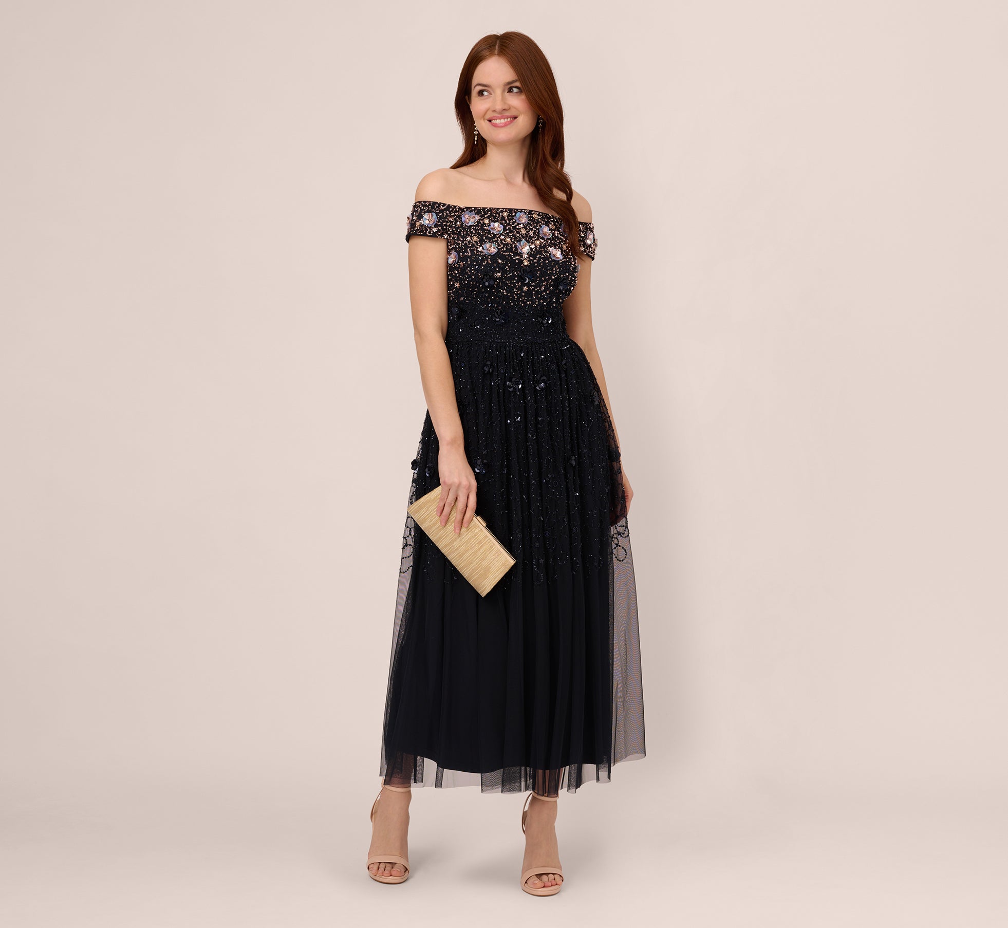 Off The Shoulder Ankle-Length Beaded Dress With Sequin Rosettes In Navy Rosegold 1