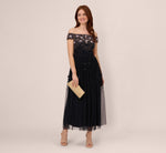 Off The Shoulder Ankle-Length Beaded Dress With Sequin Rosettes In Navy Rosegold 1