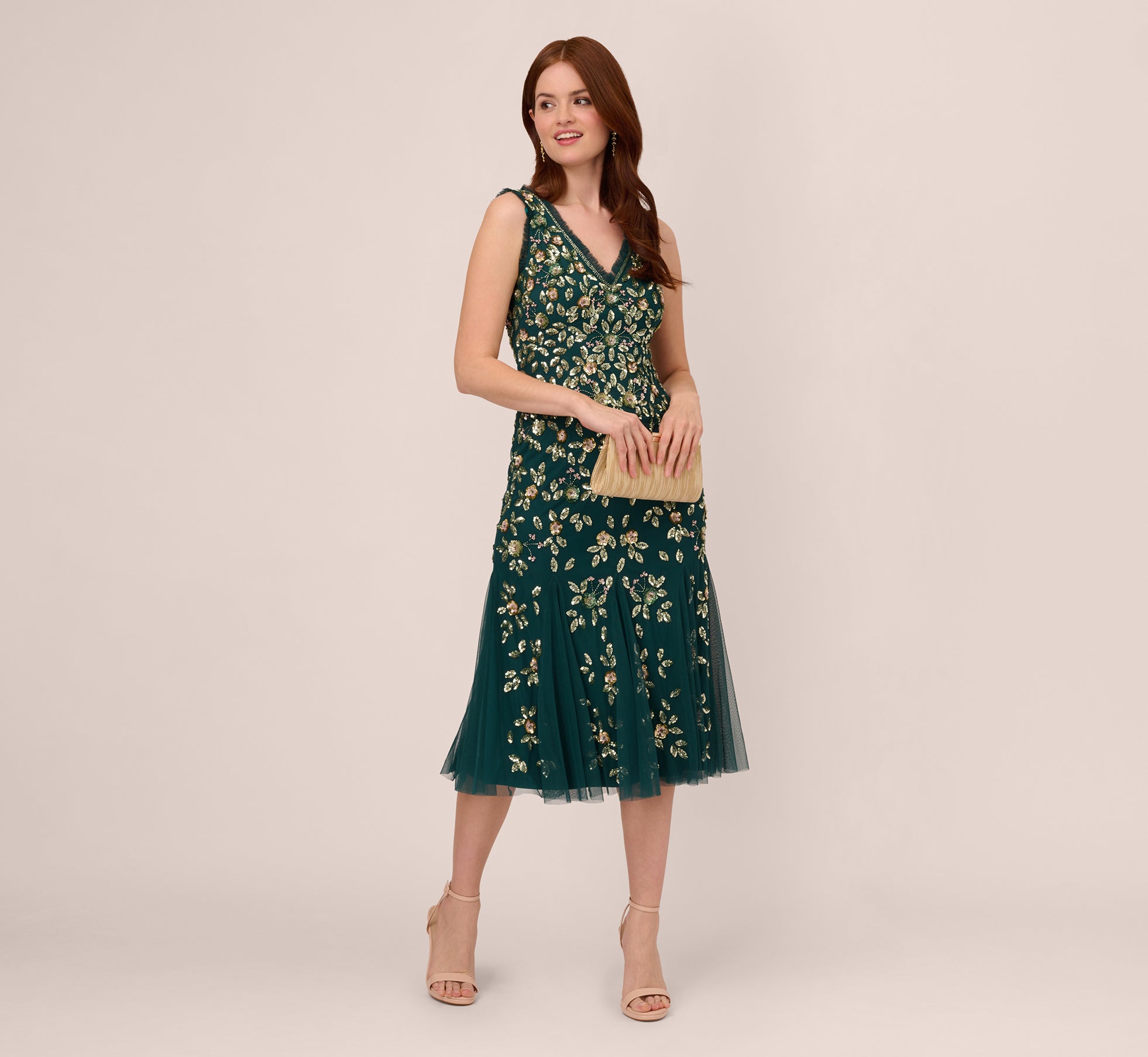 Floral Beaded Midi Dress With Godet Skirt In Gem Green 1