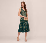 Floral Beaded Midi Dress With Godet Skirt In Gem Green 1