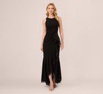 High Low Crepe Halter Gown With Organza Draping In Black 2