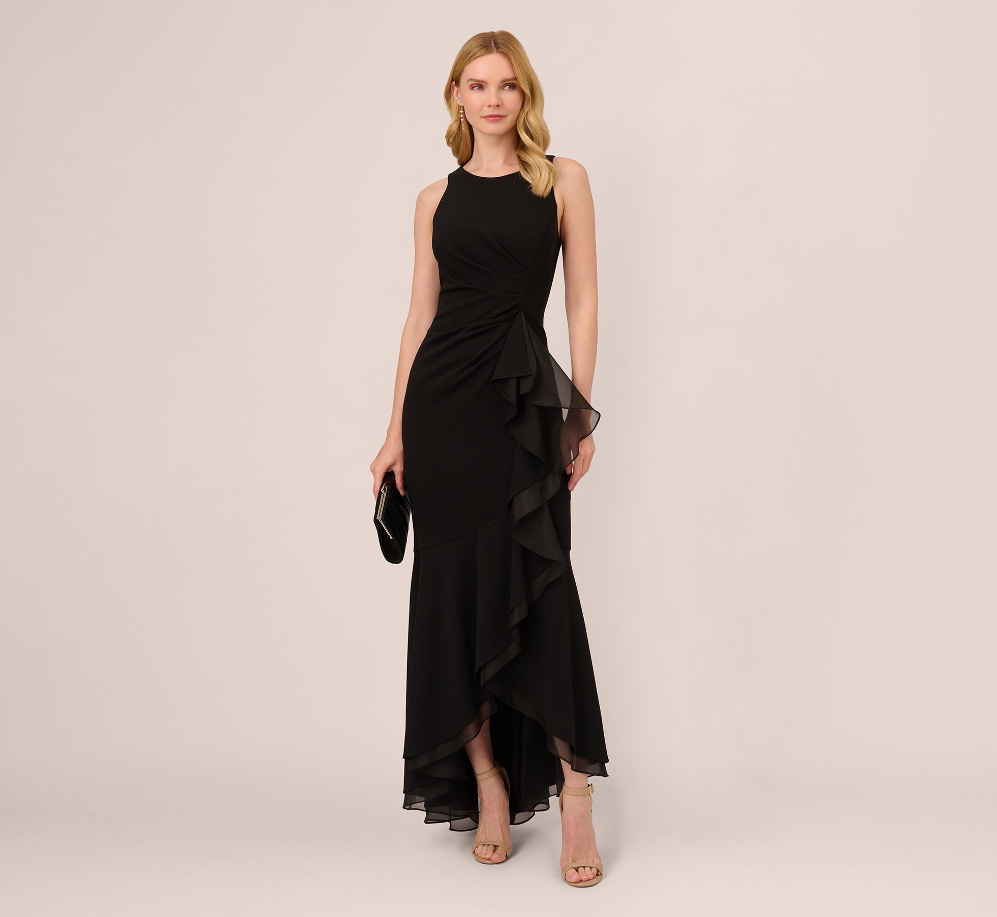 High Low Crepe Halter Gown With Organza Draping In Black 1
