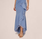 High Low Crepe Halter Gown With Organza Draping In French Blue 3