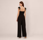 Crepe Wide Leg Jumpsuit With Bead And Feather Accents In Black 5