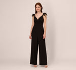 Crepe Wide Leg Jumpsuit With Bead And Feather Accents In Black 2