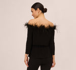 Off The Shoulder Three Quarter Sleeve Top With Feather Accents In Black 5