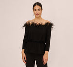Off The Shoulder Three Quarter Sleeve Top With Feather Accents In Black 2