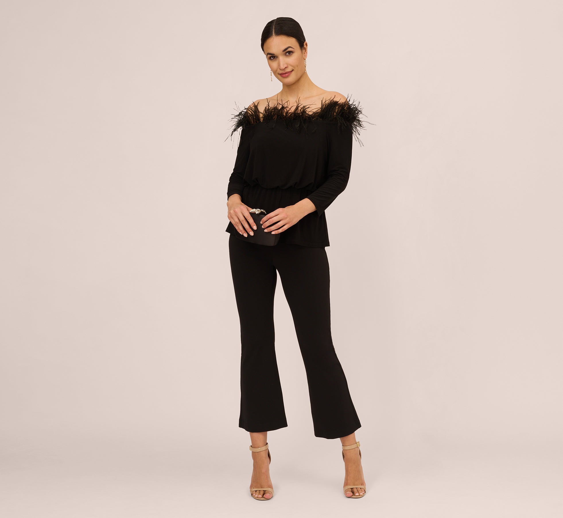 Off The Shoulder Three Quarter Sleeve Top With Feather Accents In Black 1