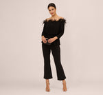 Off The Shoulder Three Quarter Sleeve Top With Feather Accents In Black 1
