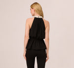 Chiffon Self Tie Halter Top With Pearl Mock Neck Collar In Black 5