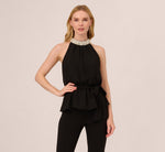 Chiffon Self Tie Halter Top With Pearl Mock Neck Collar In Black 2