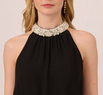 Chiffon Self Tie Halter Top With Pearl Mock Neck Collar In Black 3