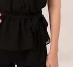 Chiffon Self Tie Halter Top With Pearl Mock Neck Collar In Black 4