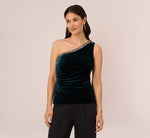 Velvet One Shoulder Top With Beaded Neck In Hunter 2