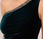 Velvet One Shoulder Top With Beaded Neck In Hunter 3