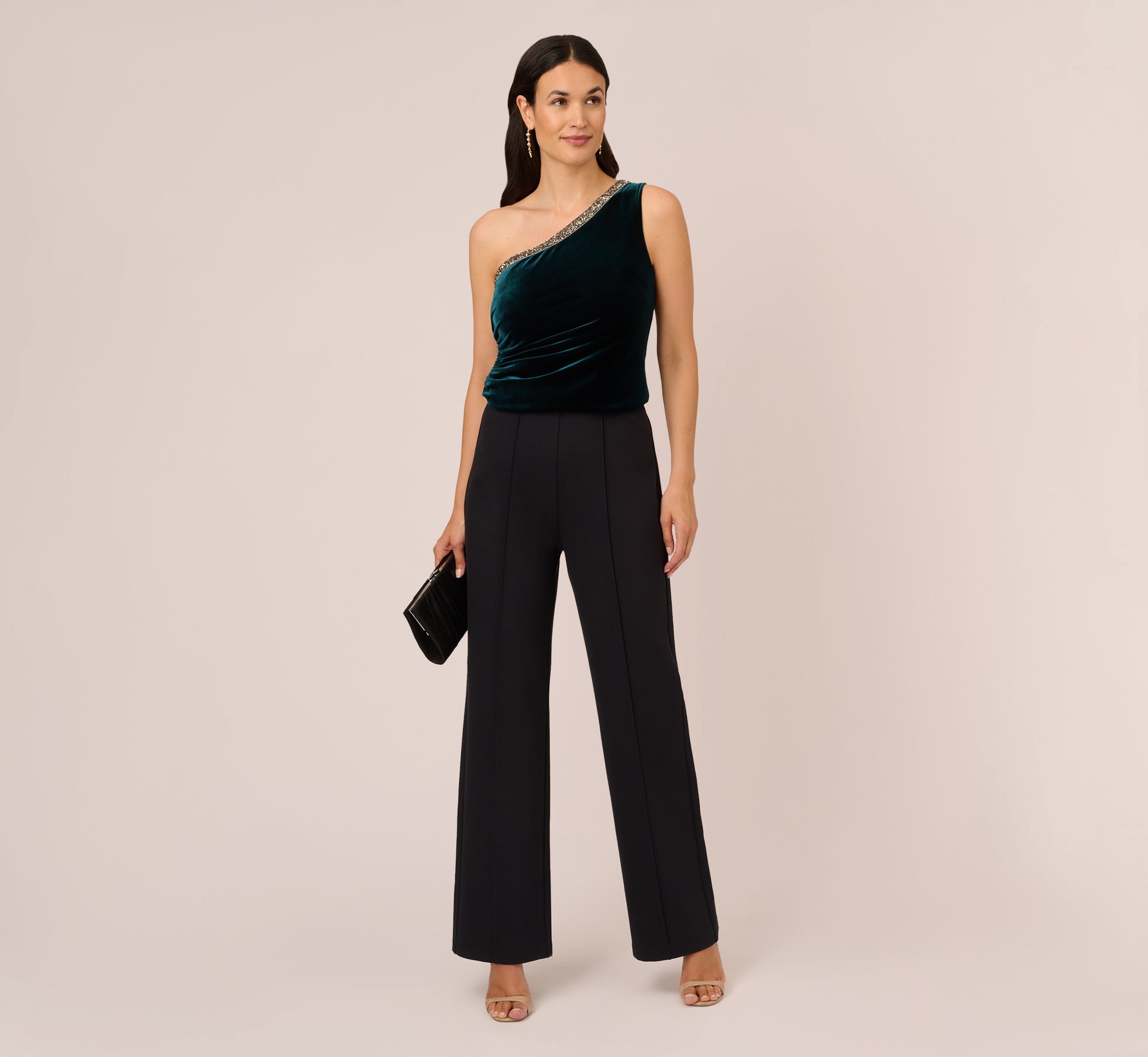 Velvet One Shoulder Top With Beaded Neck In Hunter 1