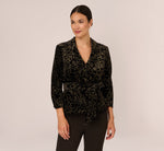 Glitter Velvet Tuxedo Top With Three Quarter Sleeves In Black Gold 2