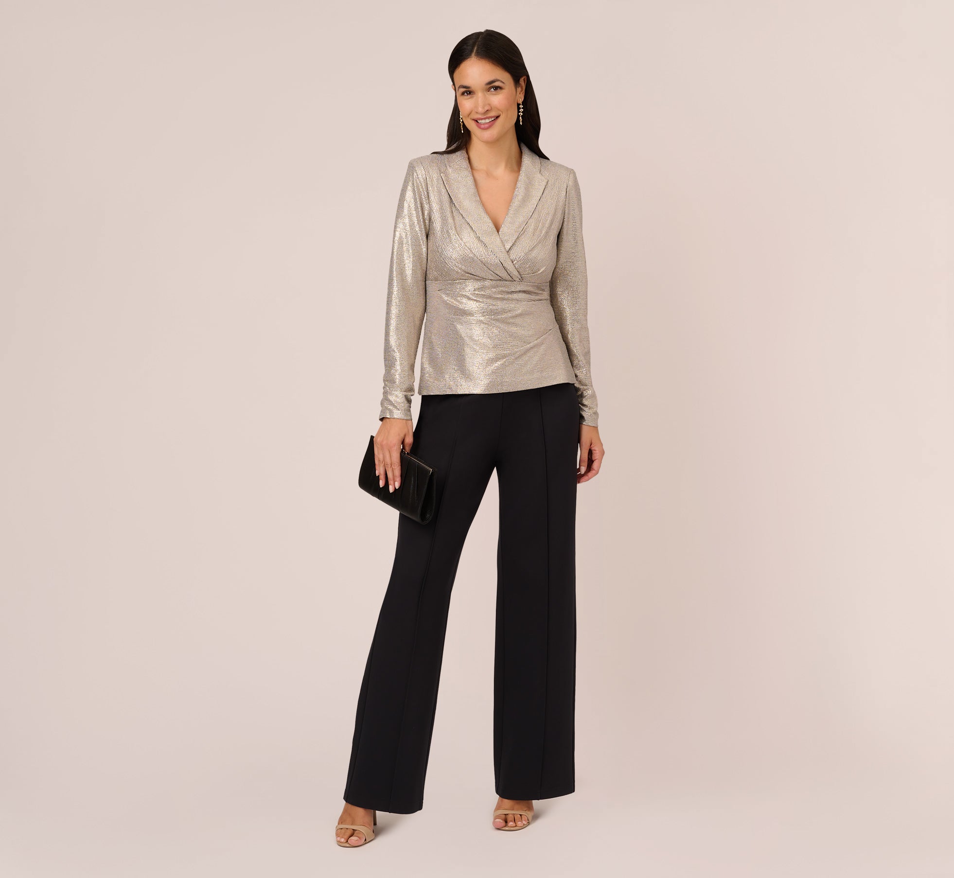 Metallic Foil Faux Wrap Top With Long Sleeves In Light Gold 1