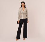 Metallic Foil Faux Wrap Top With Long Sleeves In Light Gold 1
