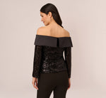 Off The Shoulder Sequin Tuxedo Top With Charmeuse Trim In Black 5