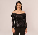 Off The Shoulder Sequin Tuxedo Top With Charmeuse Trim In Black 2