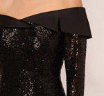 Off The Shoulder Sequin Tuxedo Top With Charmeuse Trim In Black 3