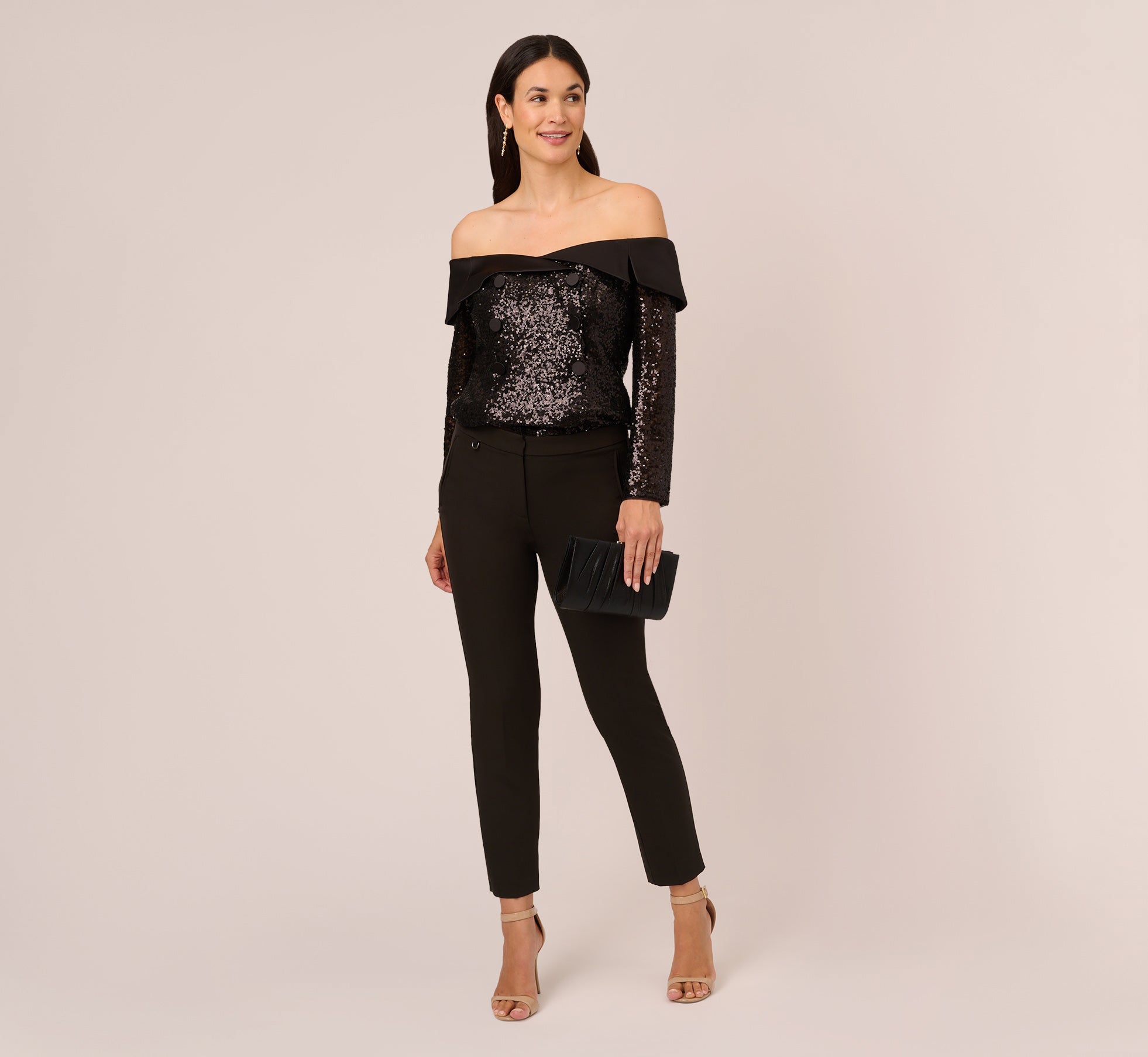 Off The Shoulder Sequin Tuxedo Top With Charmeuse Trim In Black 1