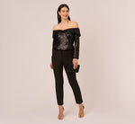 Off The Shoulder Sequin Tuxedo Top With Charmeuse Trim In Black 1