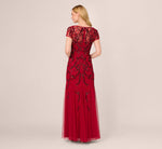 Short Sleeve Beaded Gown With Godet Skirt In Cranberry 5