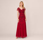 Short Sleeve Beaded Gown With Godet Skirt In Cranberry 2