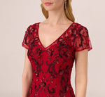 Short Sleeve Beaded Gown With Godet Skirt In Cranberry 3