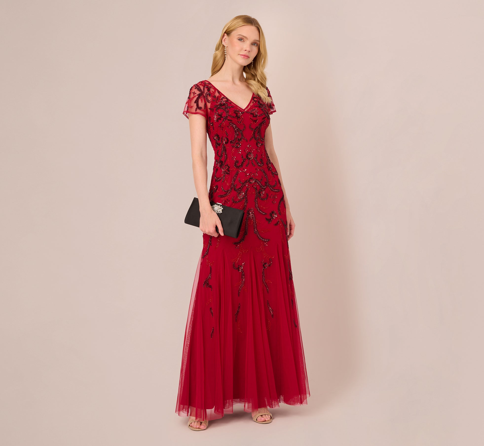 Short Sleeve Beaded Gown With Godet Skirt In Cranberry 1