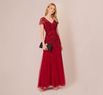 Short Sleeve Beaded Gown With Godet Skirt In Cranberry 1