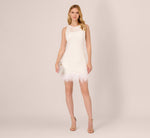 Sleeveless Floral Lace Dress With Feather Trim In Ivory 1